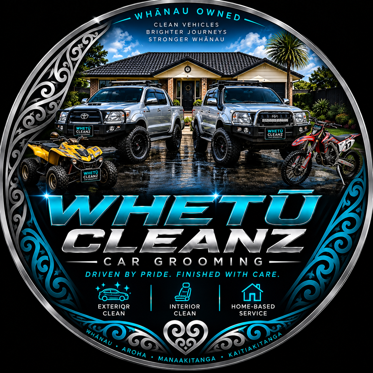 Whetū Cleanz artwork featuring a house, two 4x4 vehicles, yellow quad and dirt bike